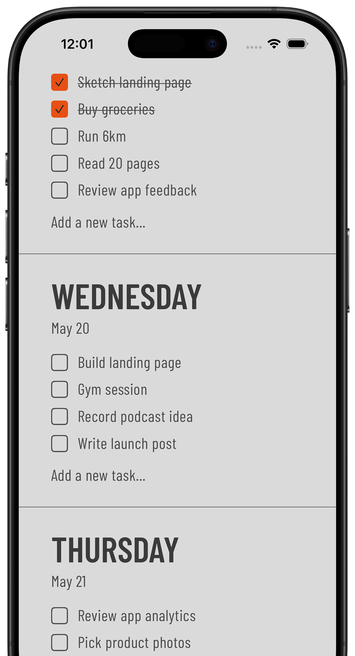 Tally weekly checklist shown on an iPhone